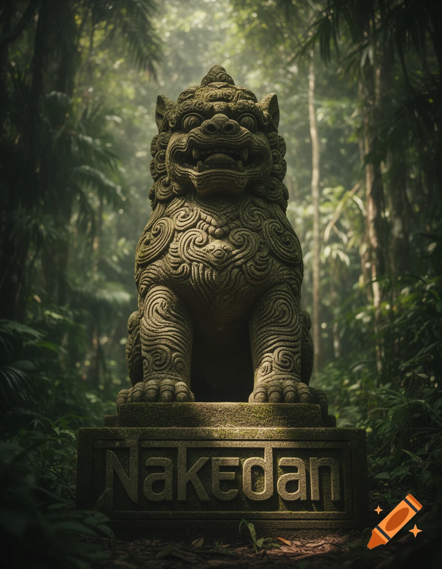 Photorealistic image of a moss-covered stone foo dog statue with 'Nakedan' carved on its base, in a dense, misty jungle.