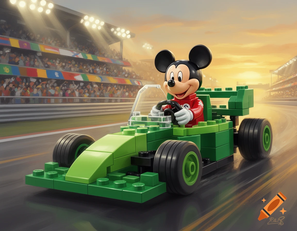 Mickey Mouse drives a green Lego racing car on a track with a crowd and stadium in the background at sunset.