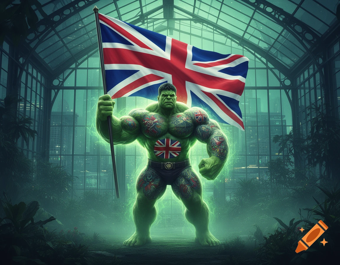 A muscular, green Hulk-like figure with patriotic British tattoos stands in a greenhouse, holding a large Union Jack flag.