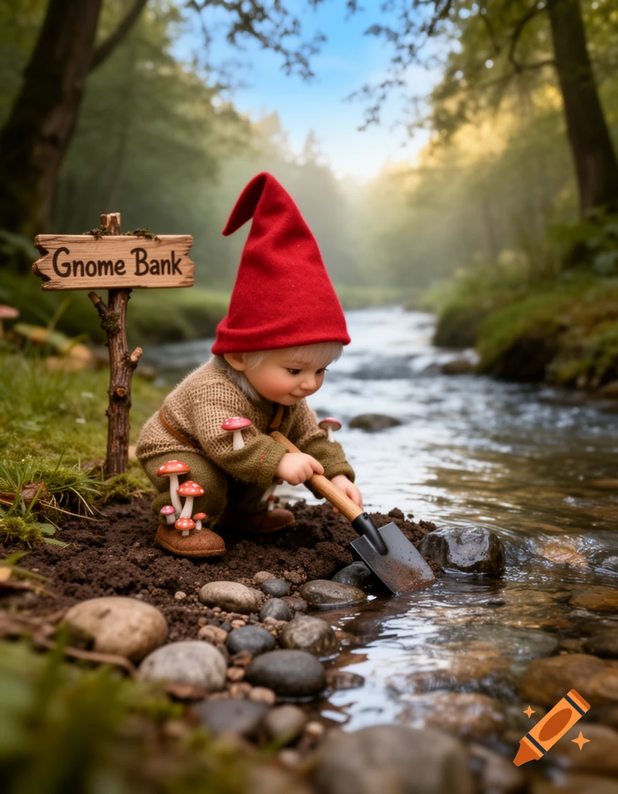 A photorealistic image of a baby gnome in a red hat digging in dirt by a river with a 'Gnome Bank' sign.