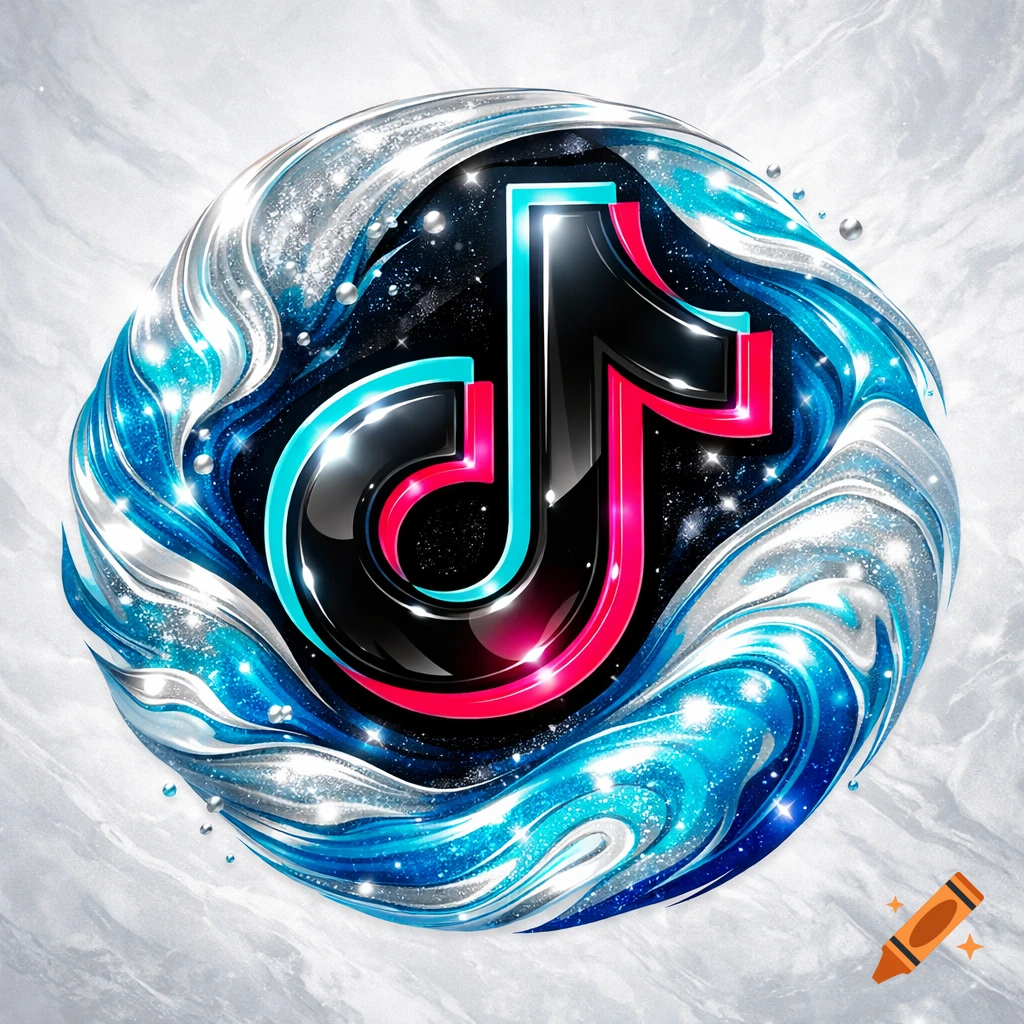 Glossy, stylized TikTok logo with black, blue, and pink outlines, amidst swirling, glittery blue and silver patterns.