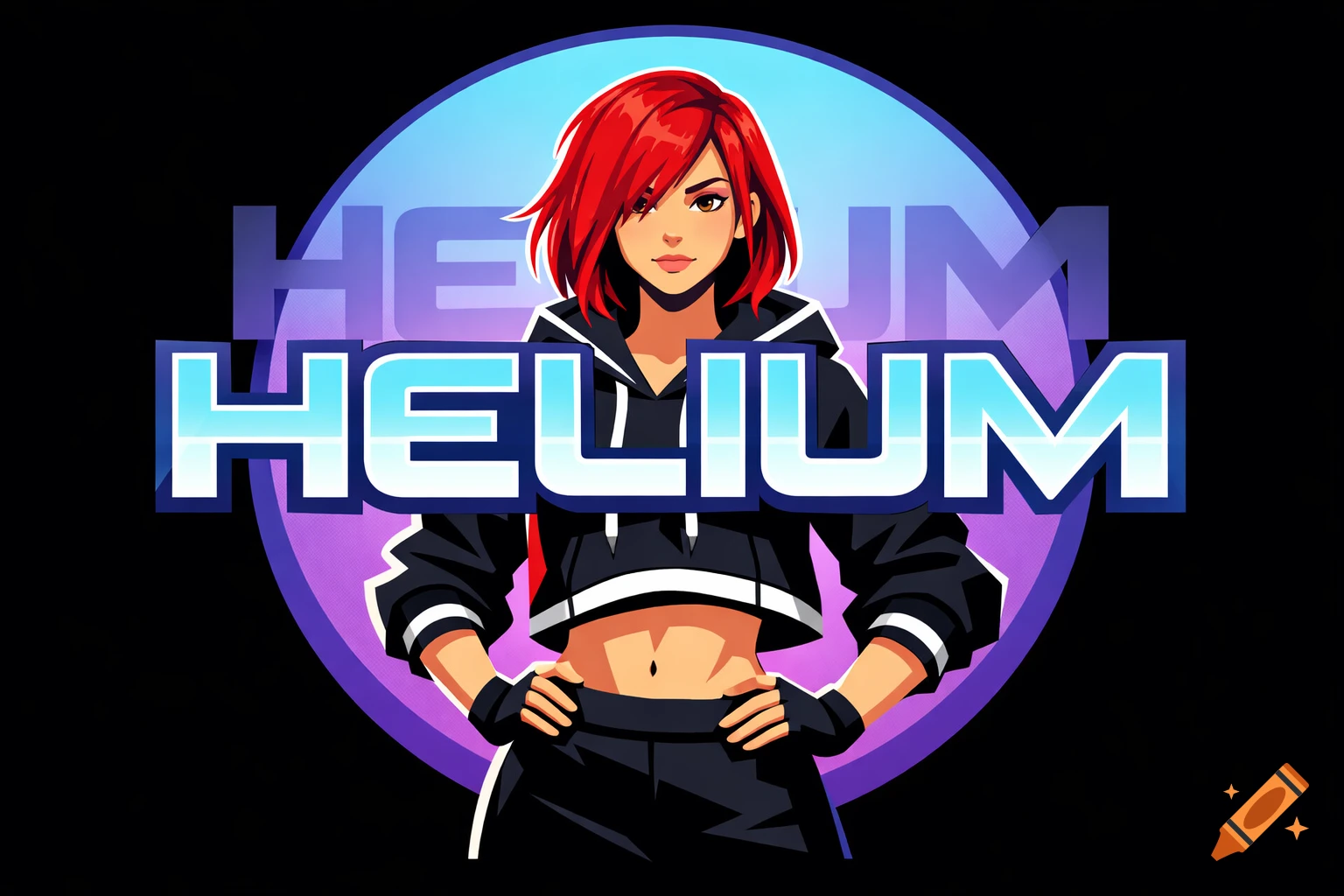 Vector art of a red-haired woman in a black crop-top hoodie, standing before a blue and purple circle with 'HELIUM' text.