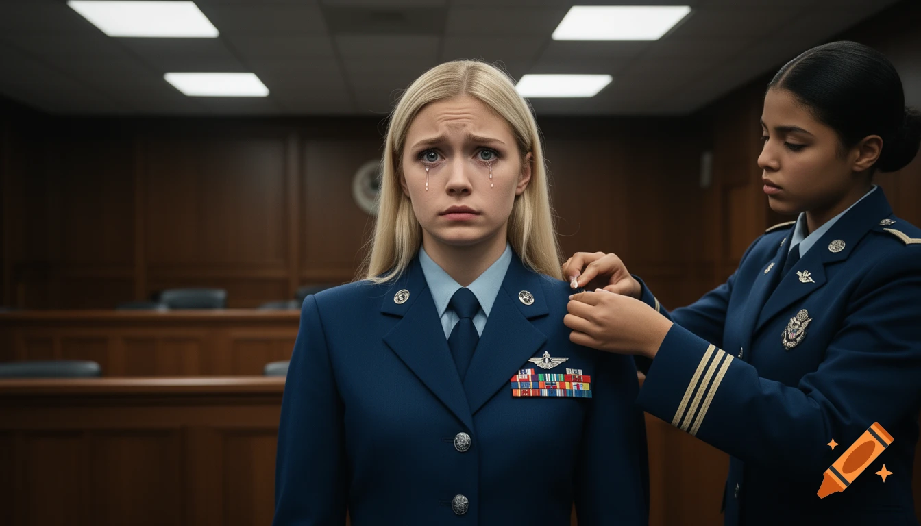 A crying blonde woman in a blue military uniform stands in a wood-paneled courtroom, as another officer unpins insignia from her shoulder.