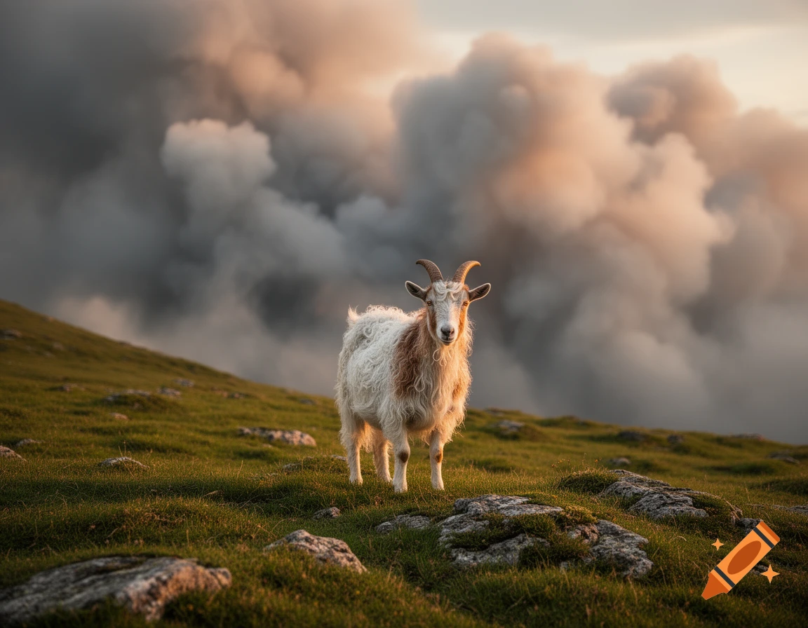 A white and brown goat stands on a grassy hillside under dramatic, cloudy skies at sunset.
