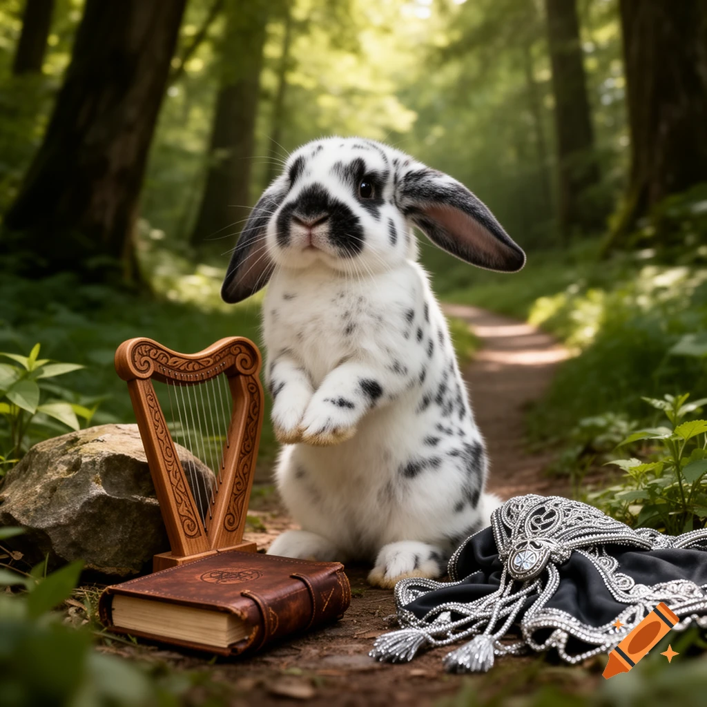 Spotted Loppy Rabbit A spotted lop-eared rabbit on a forest path with a harp, leather book ...