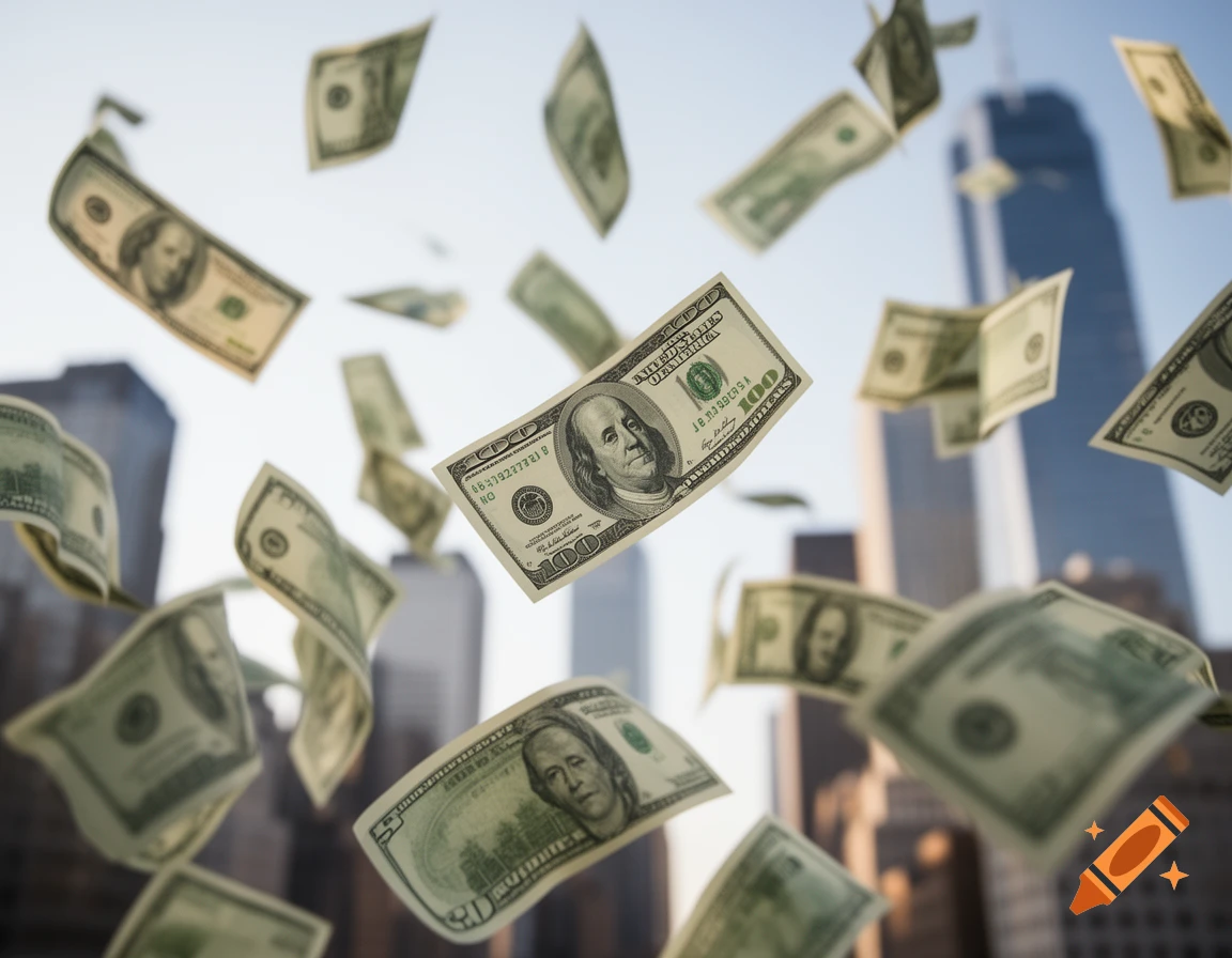 Hundreds of dollar bills are seen falling through the air against a blurred city skyline with tall buildings.