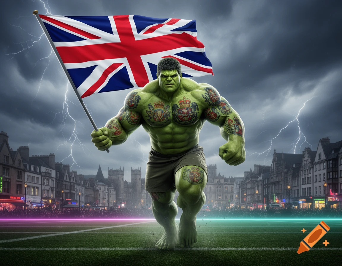 A muscular, green, tattooed Hulk-like figure runs forward on a sports field, holding a large British Union Jack flag under a stormy, lightning-filled sky. A cityscape is in the background.