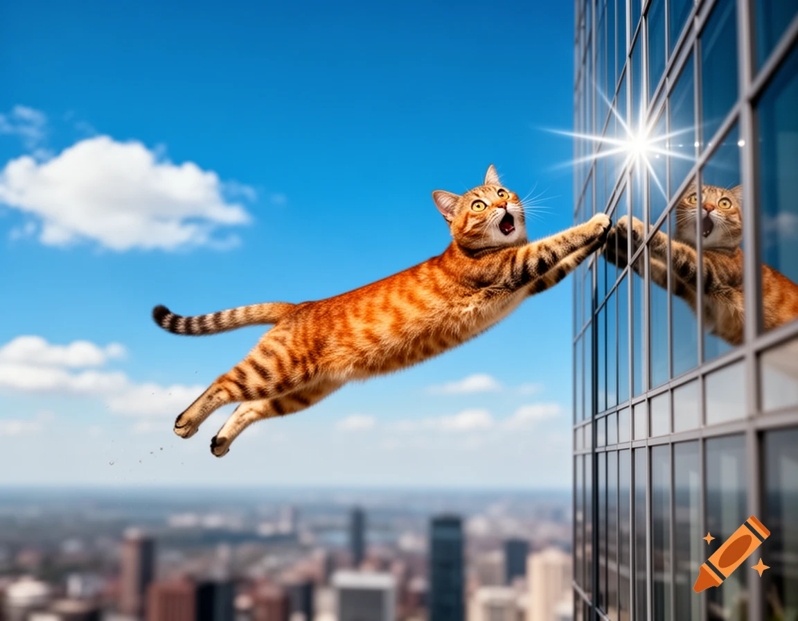 An orange tabby cat with wide eyes clings to the side of a tall glass skyscraper, appearing to fall or leap, with a blurred city skyline visible below under a blue sky.