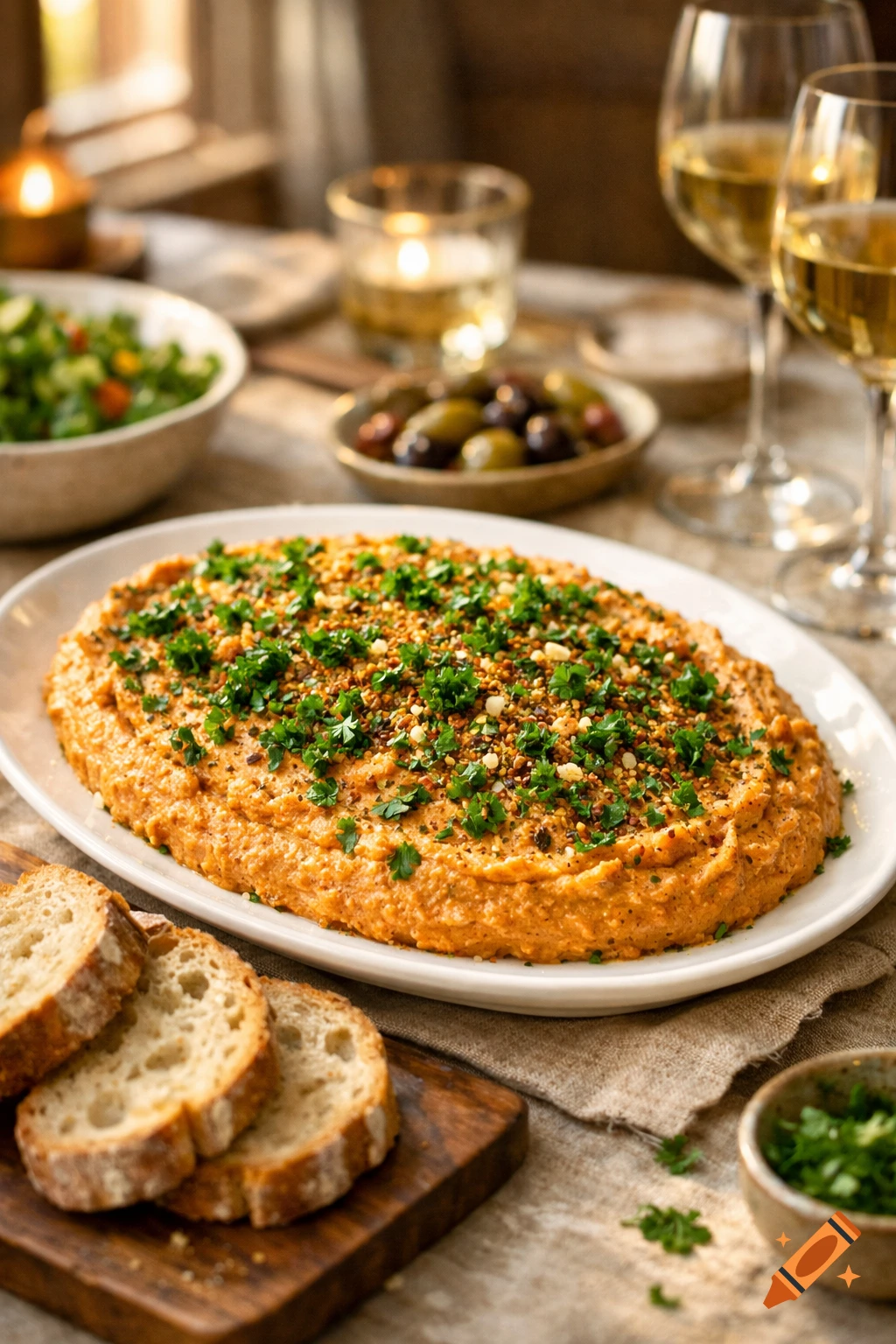 A photorealistic platter of spread garnished with parsley and nuts, served with bread, olives, salad, and wine on a rustic table.