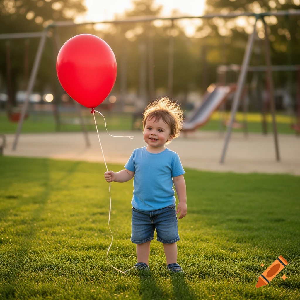 A smiling young boy in a blue shirt and denim shorts stands in a sunny park, holding a red balloon.
