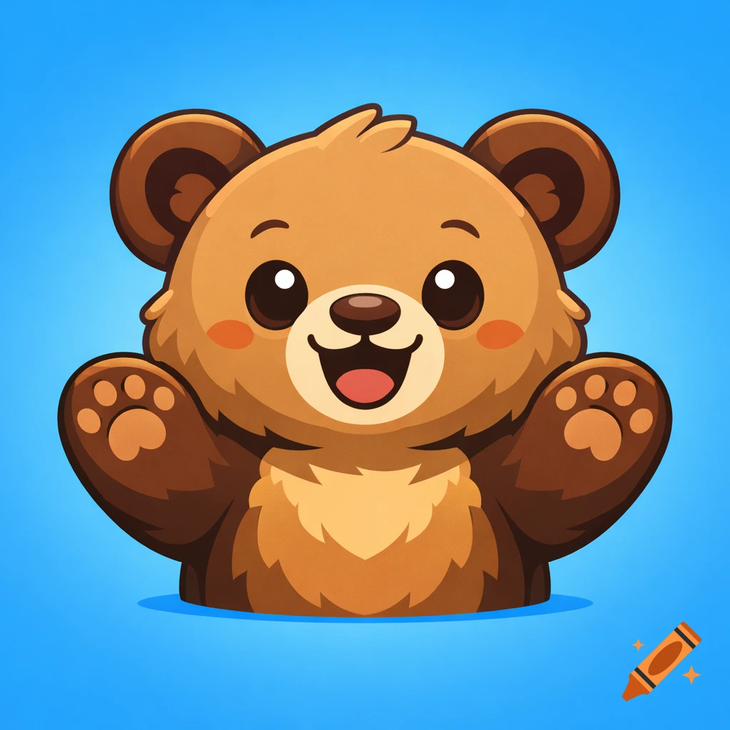 A friendly, cute cartoon bear with open mouth, rosy cheeks, and raised paws against a blue background.