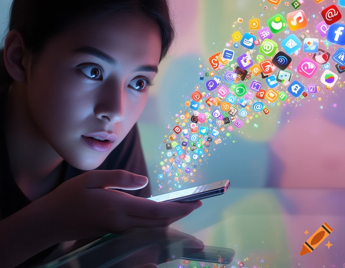 A person looks intently at a smartphone from which numerous colorful app icons are flowing upwards, creating a vibrant, luminous digital stream.