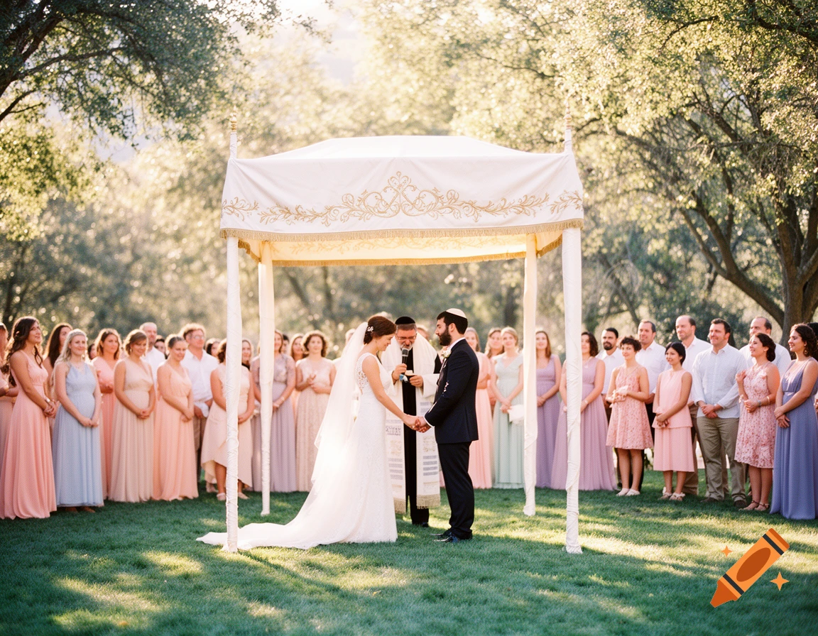 A couple holds hands under a chuppah during an outdoor Jewish wedding ceremony, surrounded by guests in soft sunlight.