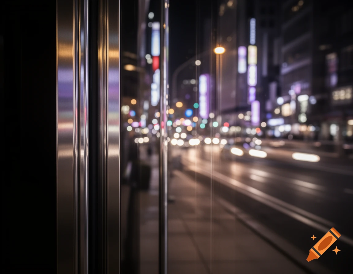 A photorealistic night city street scene through a window, showing ...