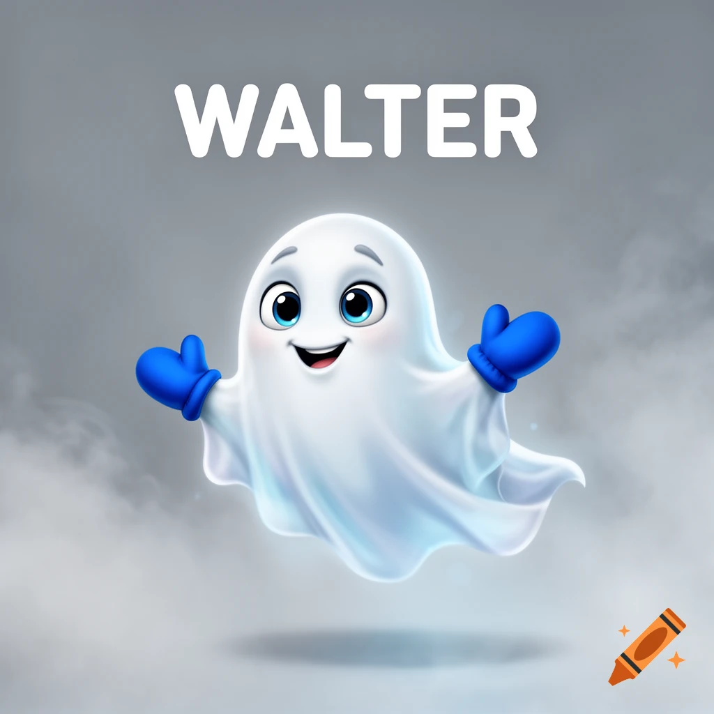 A cute, whitish-blue cartoon ghost wearing blue mittens smiles with the name 'WALTER' above it.
