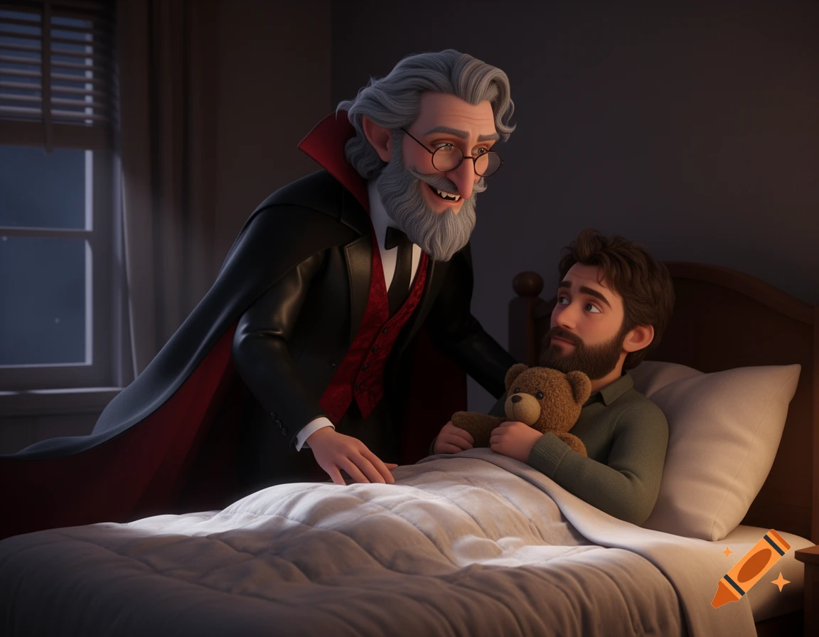 A friendly 3D animated elder vampire with glasses and fangs leans over a bearded man in bed hugging a teddy bear in a dimly lit bedroom.
