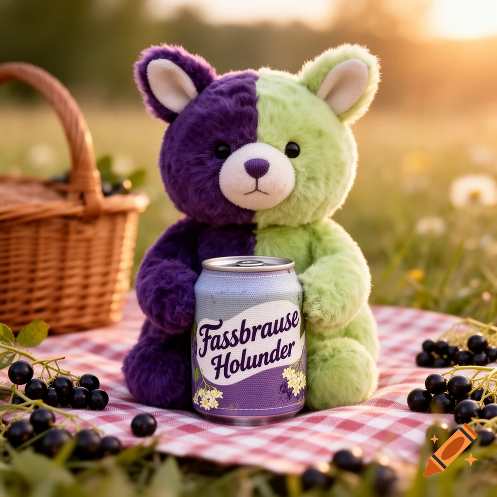 A photorealistic, purple and green teddy bear sits on a picnic blanket, holding a can of 'Fassbrause Holunder' soda at sunset.