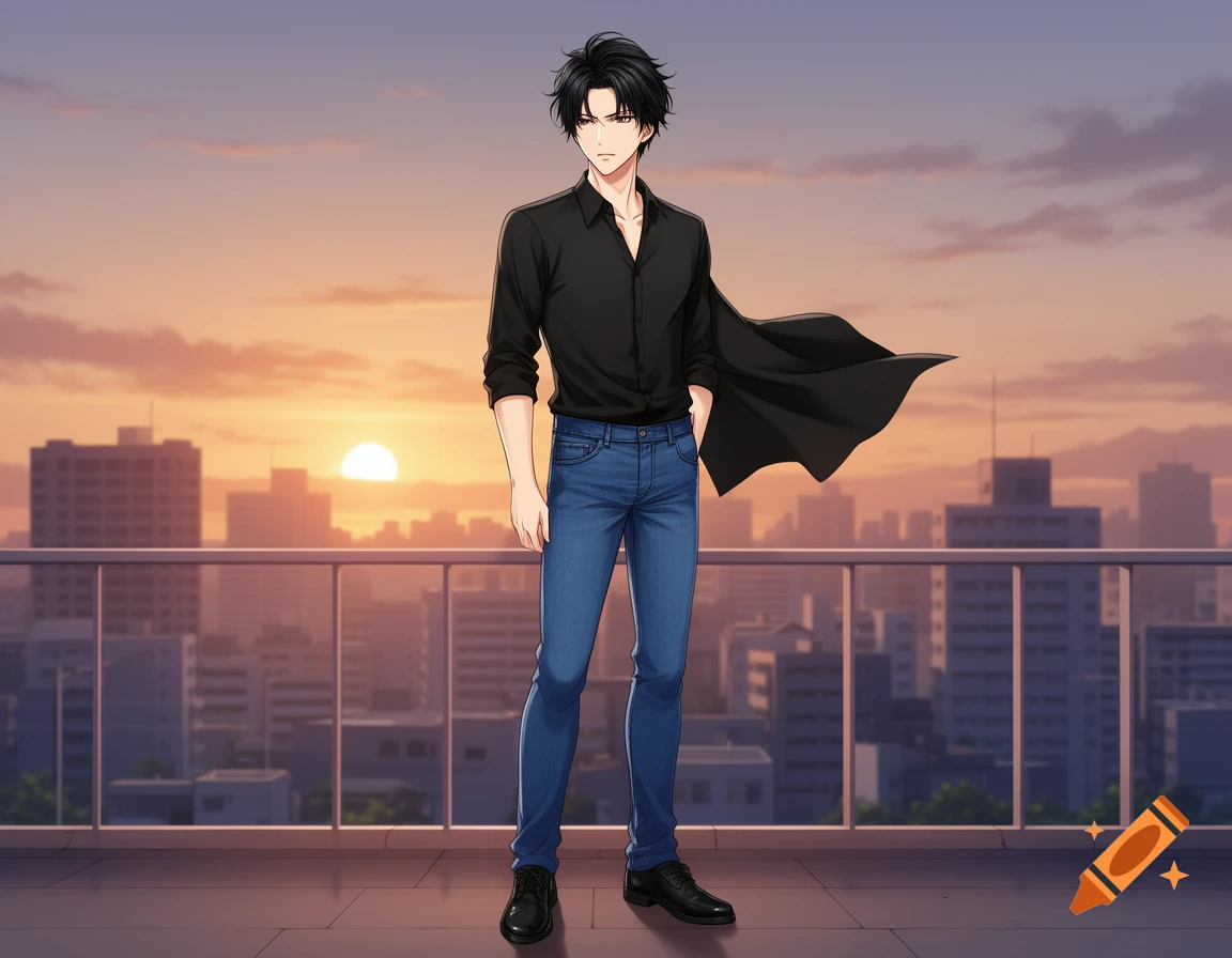 An anime man with black hair, a black shirt, and blue jeans stands on a rooftop overlooking a city at sunset.