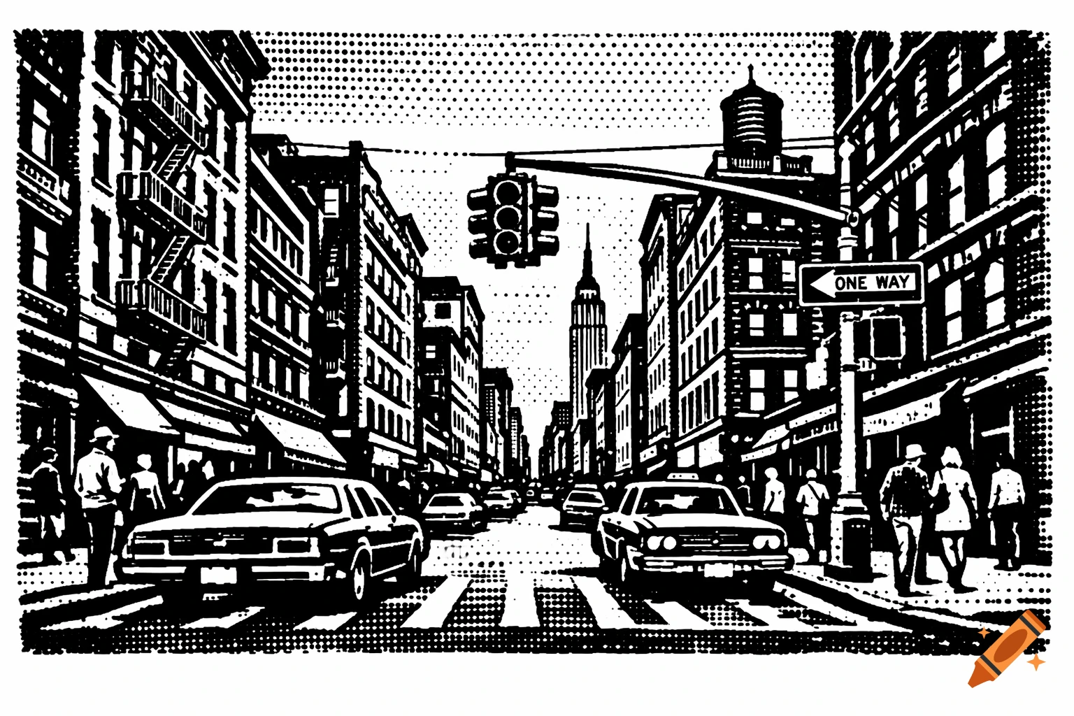 A high-contrast, black and white dot-grid illustration of a busy New York City street with 70s style cars, pedestrians, buildings, and a 'ONE WAY' sign.