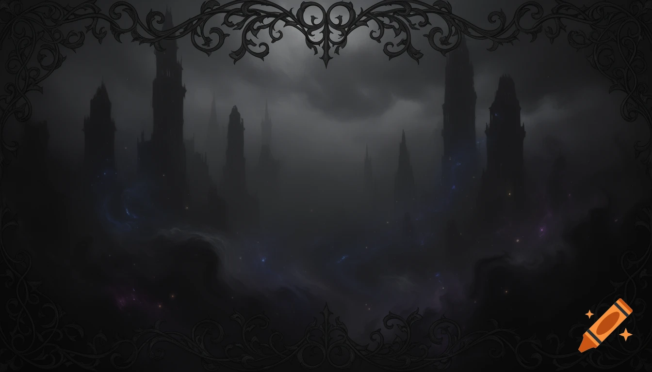 A dark, mysterious banner features gothic towers shrouded in fog with subtle celestial glow, framed by ornate black scrollwork.