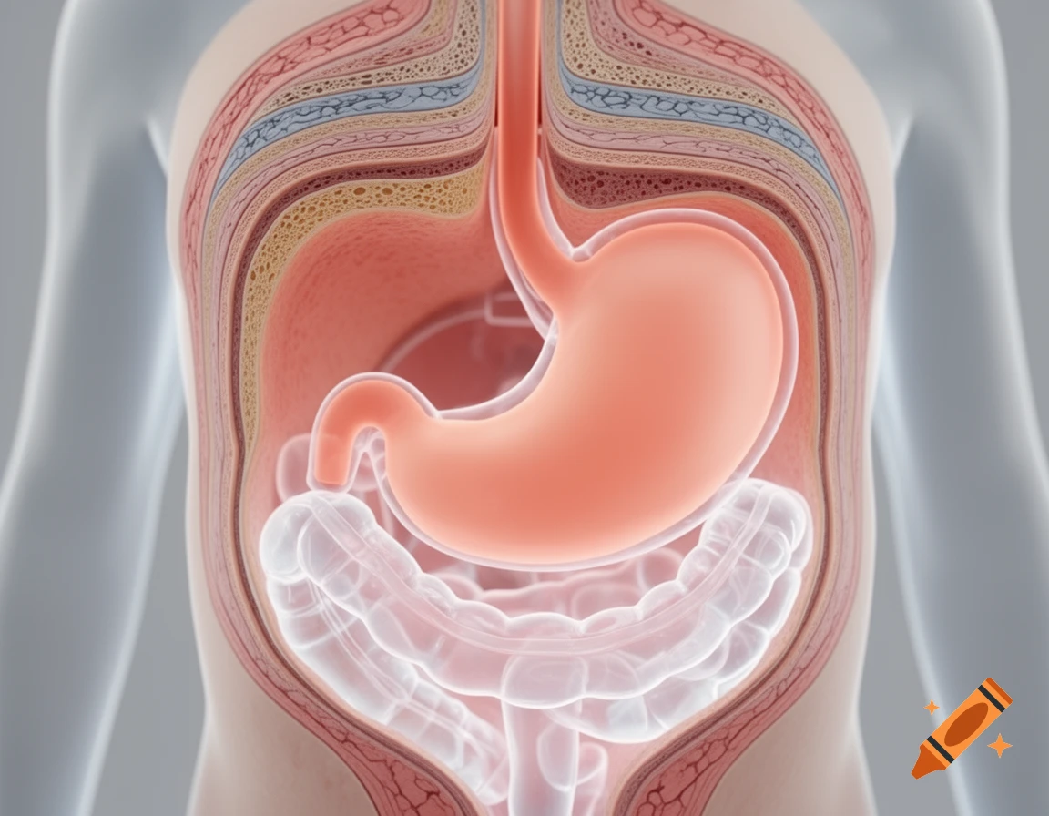 3D rendering of a human torso cutaway view showing the stomach, esophagus, intestines, and tissue layers.