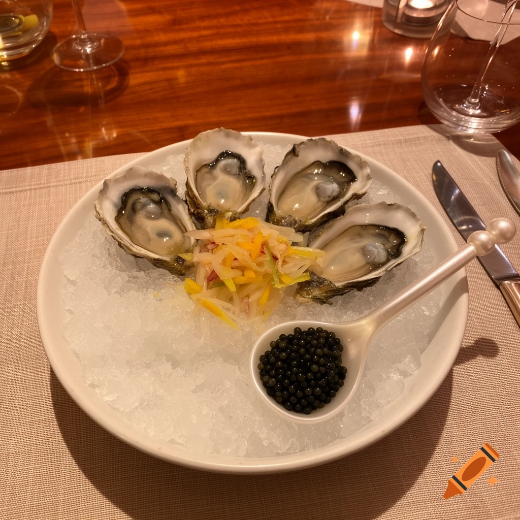 Four oysters on ice with a citrus and shallot condiment, and a spoonful of black caviar, served on a white plate at a restaurant.
