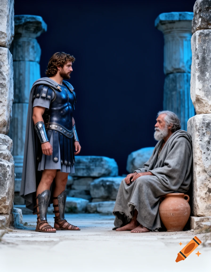 A cinematic, realistic scene of Alexander the Great standing in armor facing Diogenes of Sinope seated by a clay jar amidst ancient ruins.