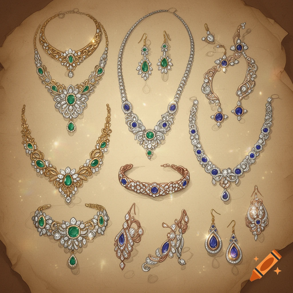 A detailed sketch of various gold and silver jewelry pieces with emeralds, sapphires, and diamonds on a parchment background.