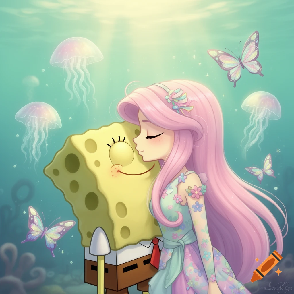 Spongebob and a pink-haired anime girl with floral dress kiss underwater, surrounded by jellyfish and butterflies.