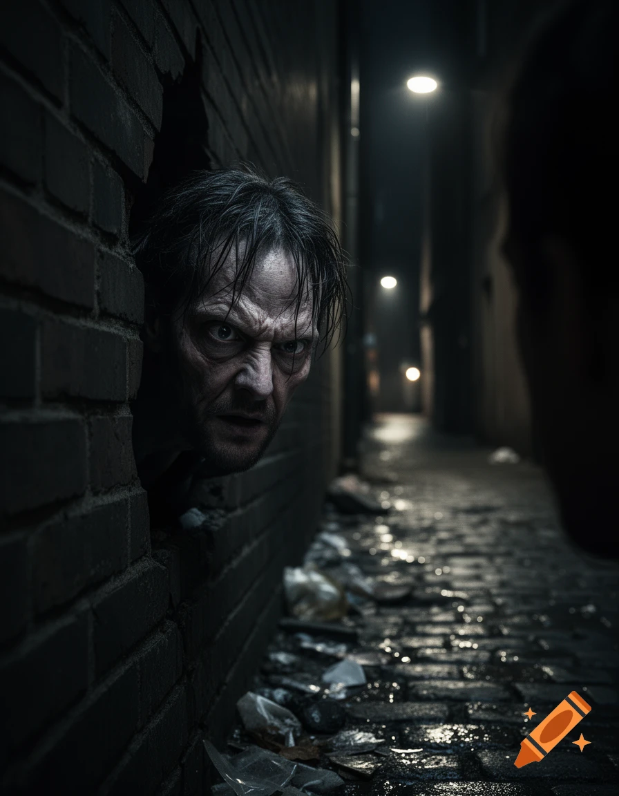 A man with a menacing, angry face peeks from behind a brick wall in a dark, grimy alleyway, seemingly stalking someone.