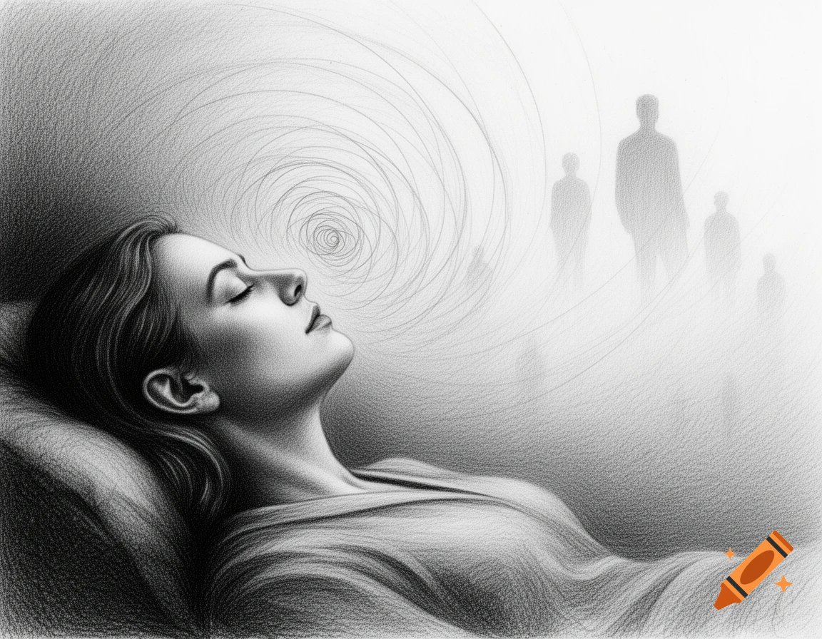 Black and white pencil drawing of a woman with closed eyes, spirals near her head, and shadowy figures in the background.