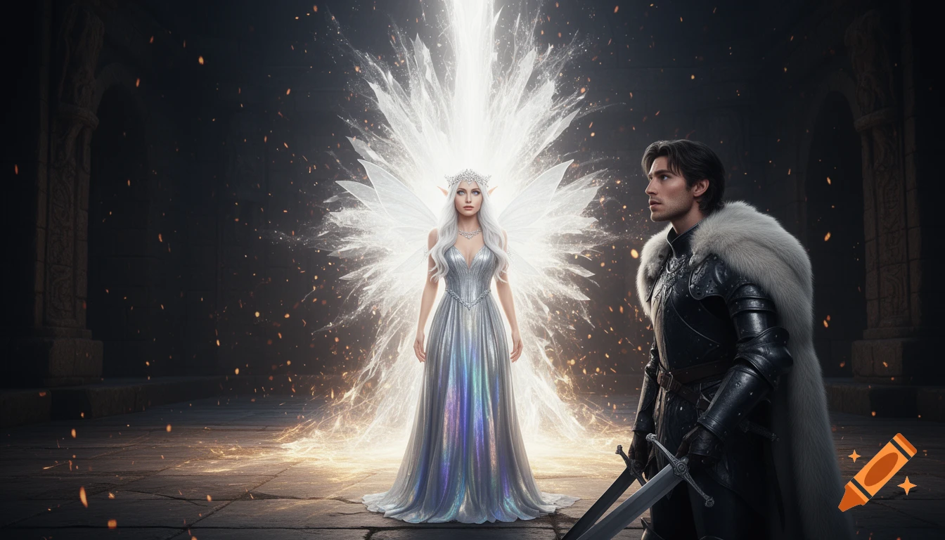 A radiant fae princess with white wings and a silver gown stands in a dark chamber, illuminated by light, facing a knight in armor.