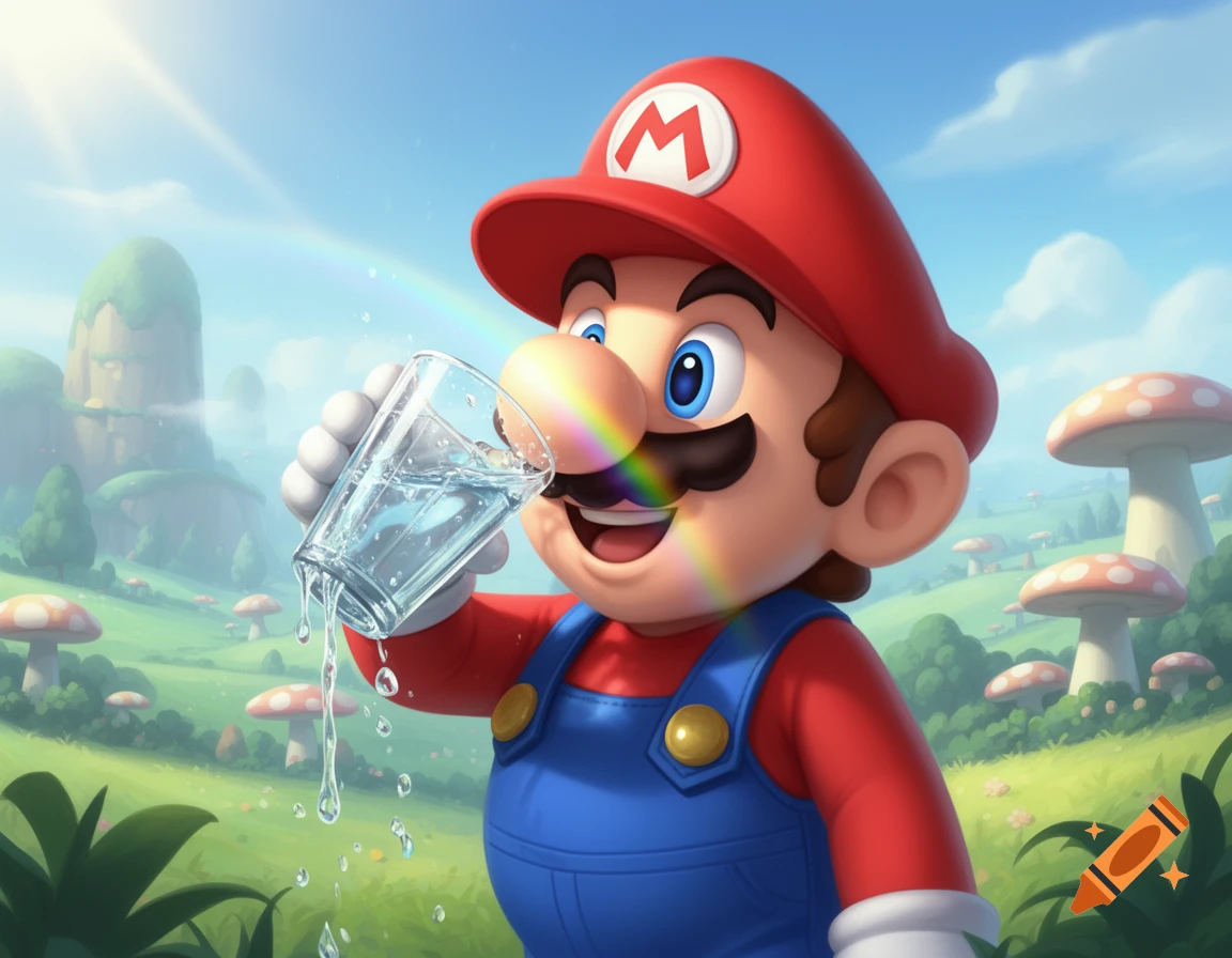 Super Mario in a vibrant, cartoonish landscape, drinking water from a glass, with a rainbow arching overhead.