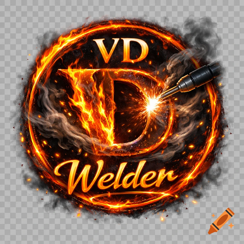 Round fiery logo with 'VD' at the top, 'Welder' at the bottom, and a welding torch sparking on the letter D amidst smoke.