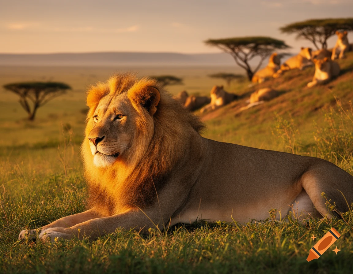 A male lion with a golden mane lies in grassy savanna at sunset, with more lions and acacia trees in the background.