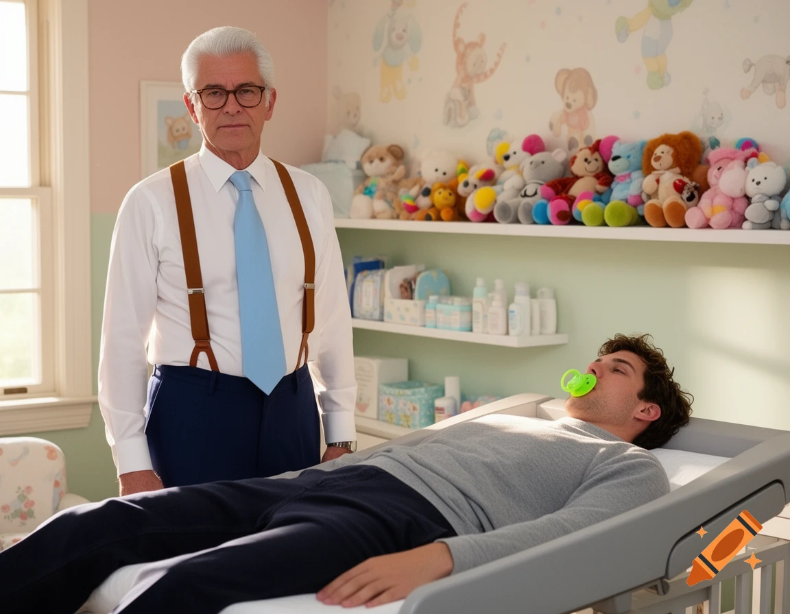 A senior man in suspenders stands over a younger man lying in a crib with a pacifier, in a brightly lit nursery filled with stuffed animals.