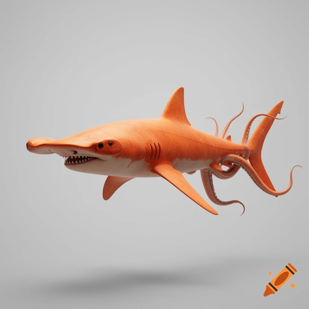 A stylized orange hammerhead shark with octopus tentacles for a tail, mouth slightly open, on a light gray background.