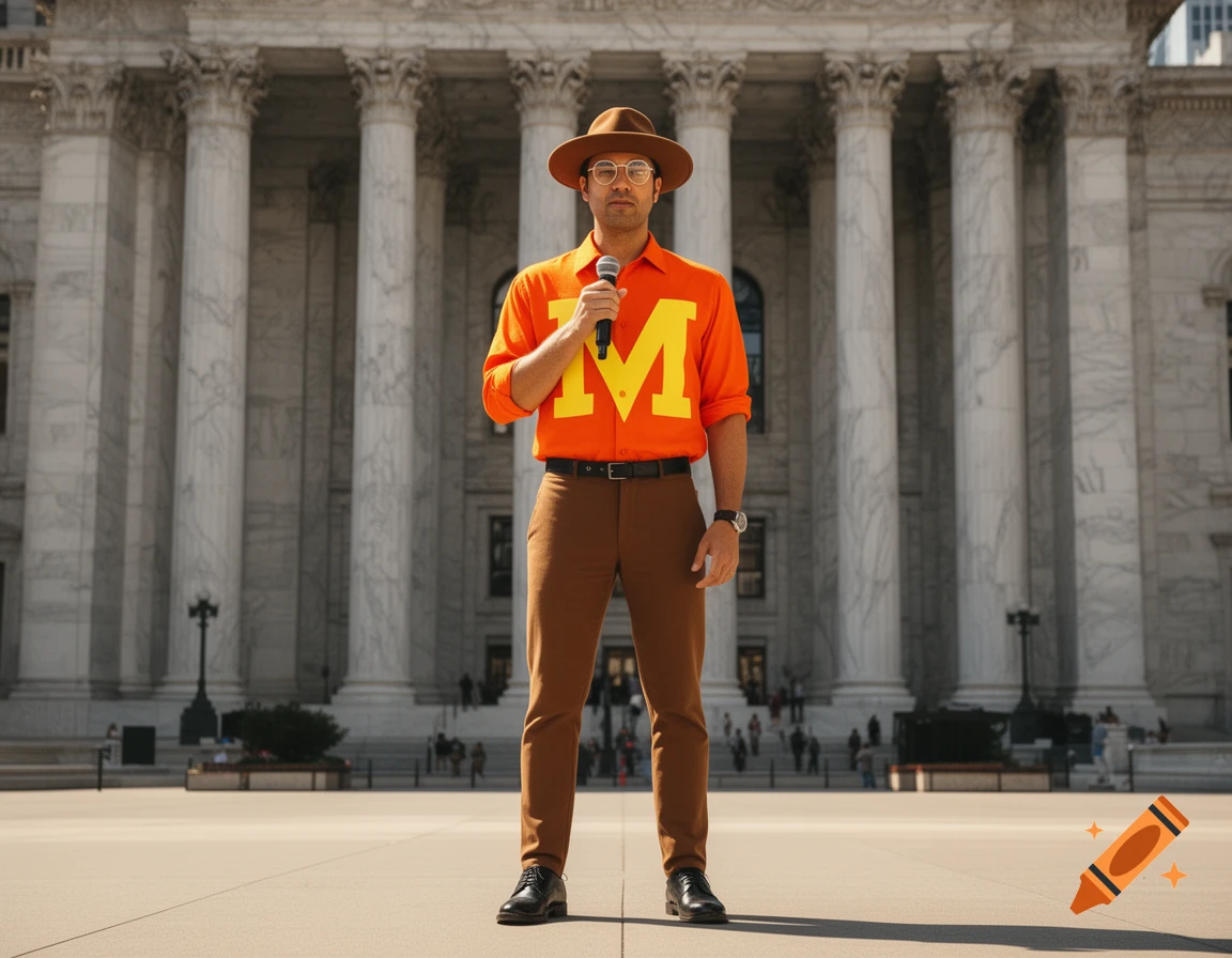 A man in a brown hat, round glasses, and an orange shirt with a yellow 'M' holds a microphone in front of a grand building.