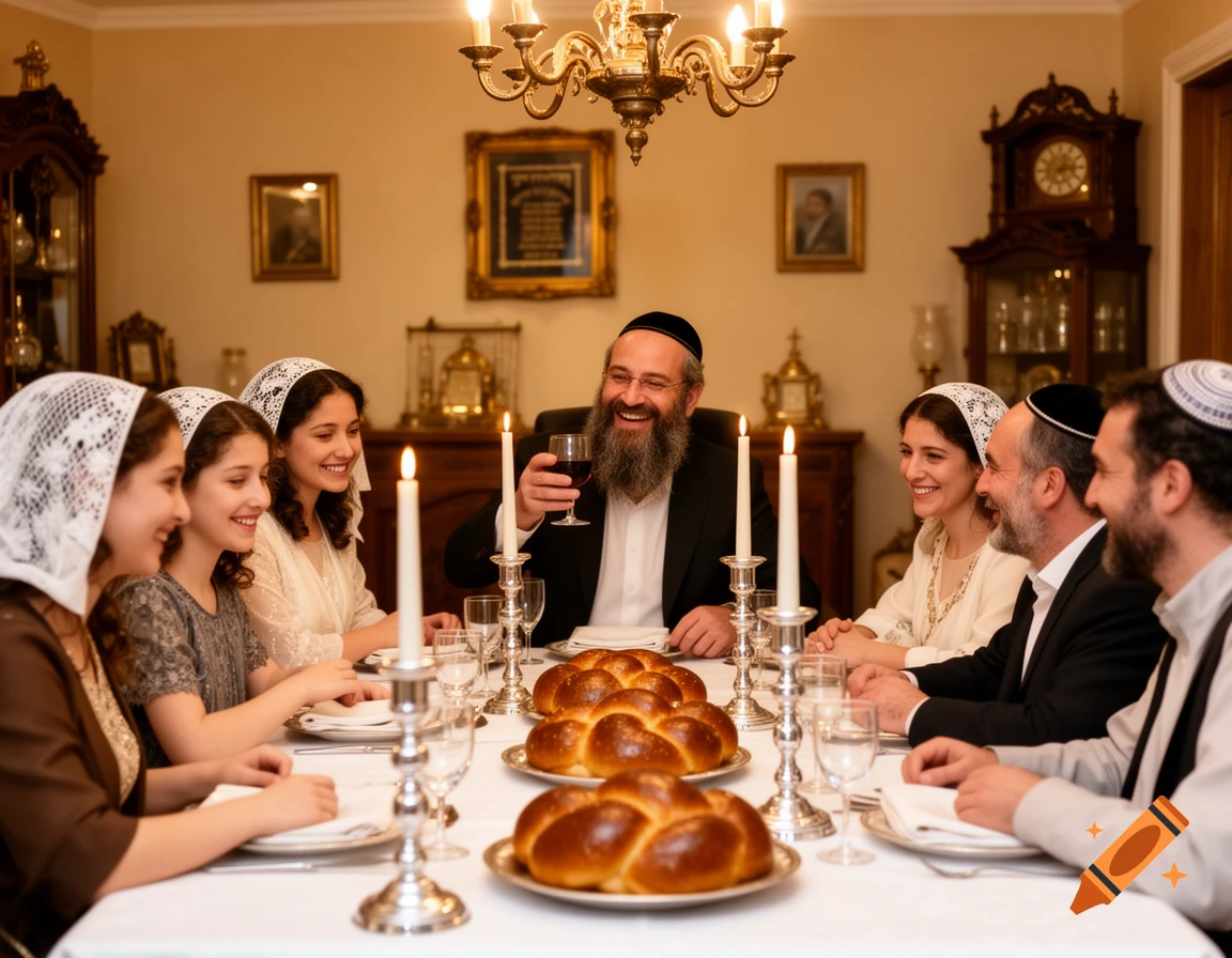 A happy Orthodox Jewish family shares a meal, with men wearing kippahs and women wearing head coverings, challah bread, and lit candles on the table.