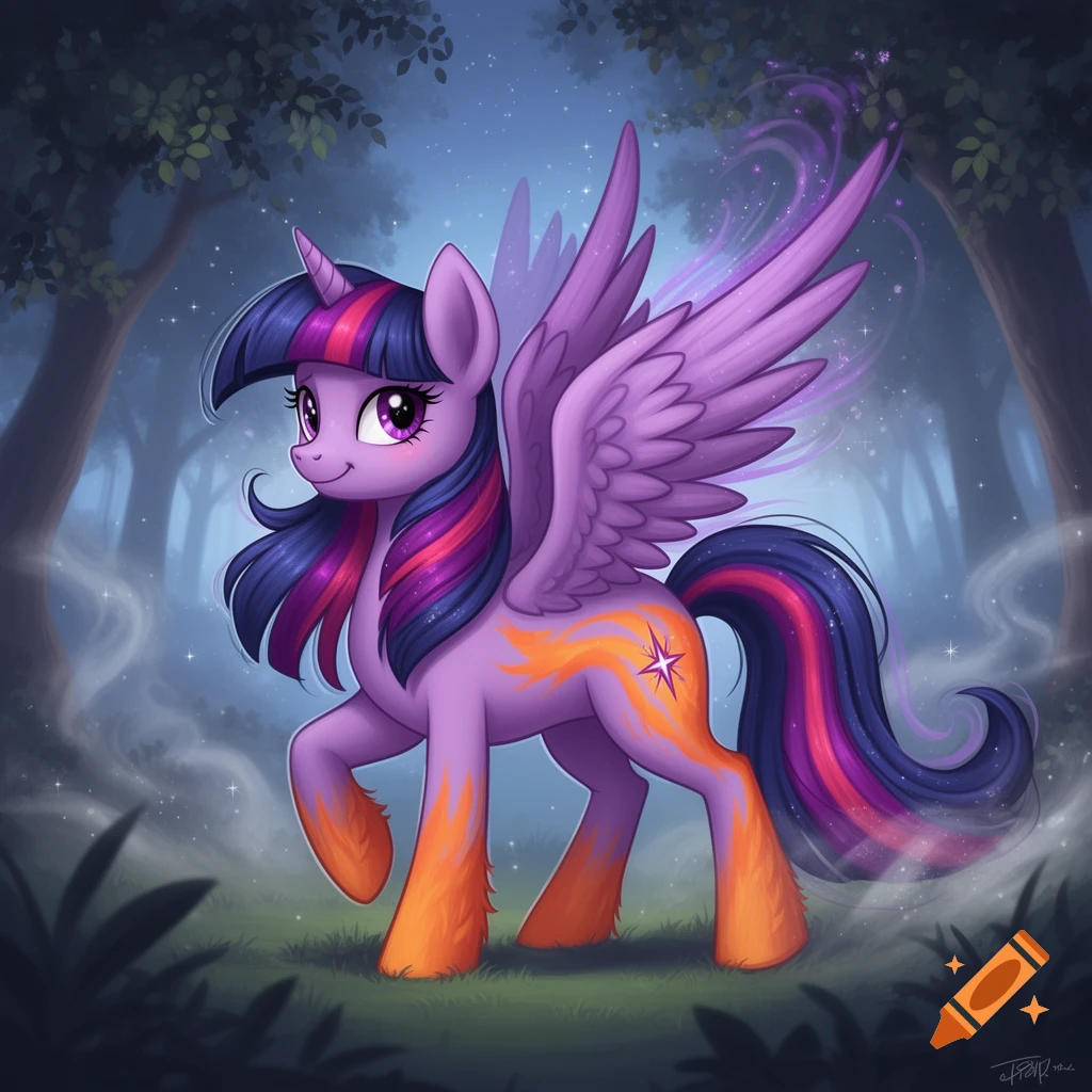 Purple pegasus unicorn pony with a rainbow mane and orange-tipped legs stands in a mystical forest with glowing dust.