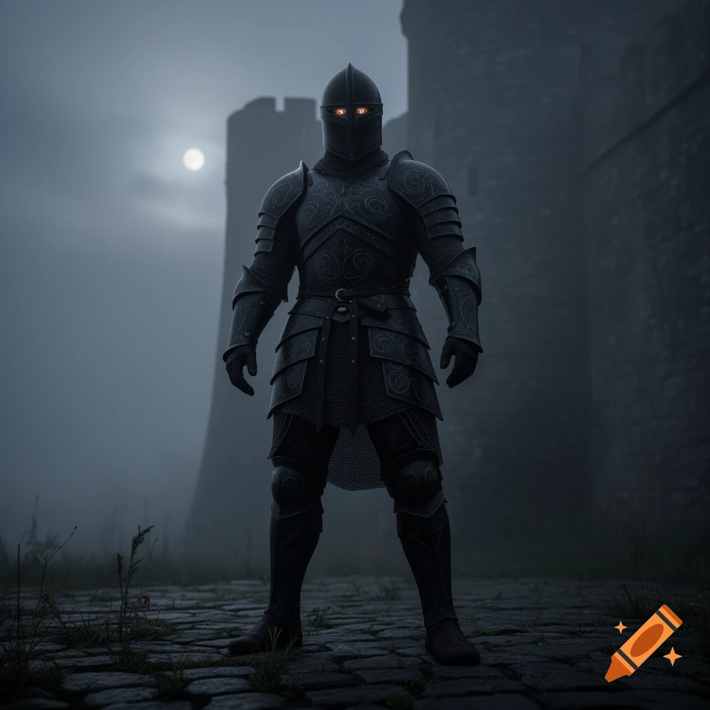Dark knight in ornate black armor with glowing red eyes stands on cobblestones in fog before a castle.