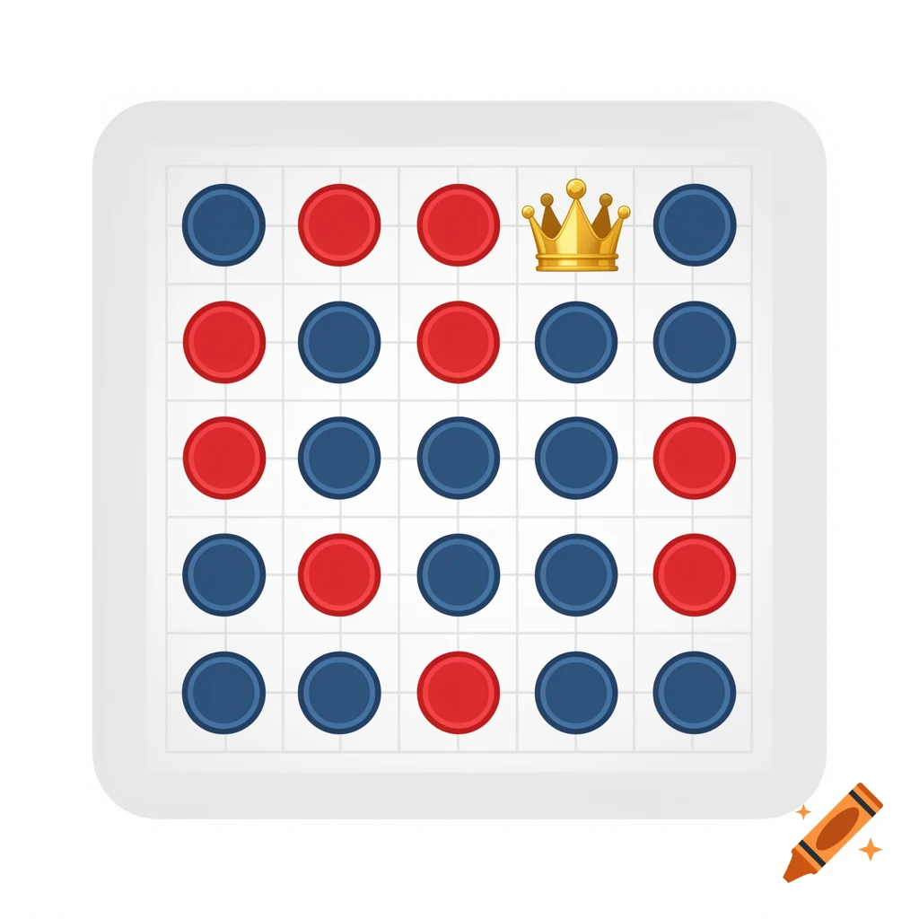 A flat, modern 5x5 game board app icon with red and blue circular checkers pieces, one blue piece crowned in gold.