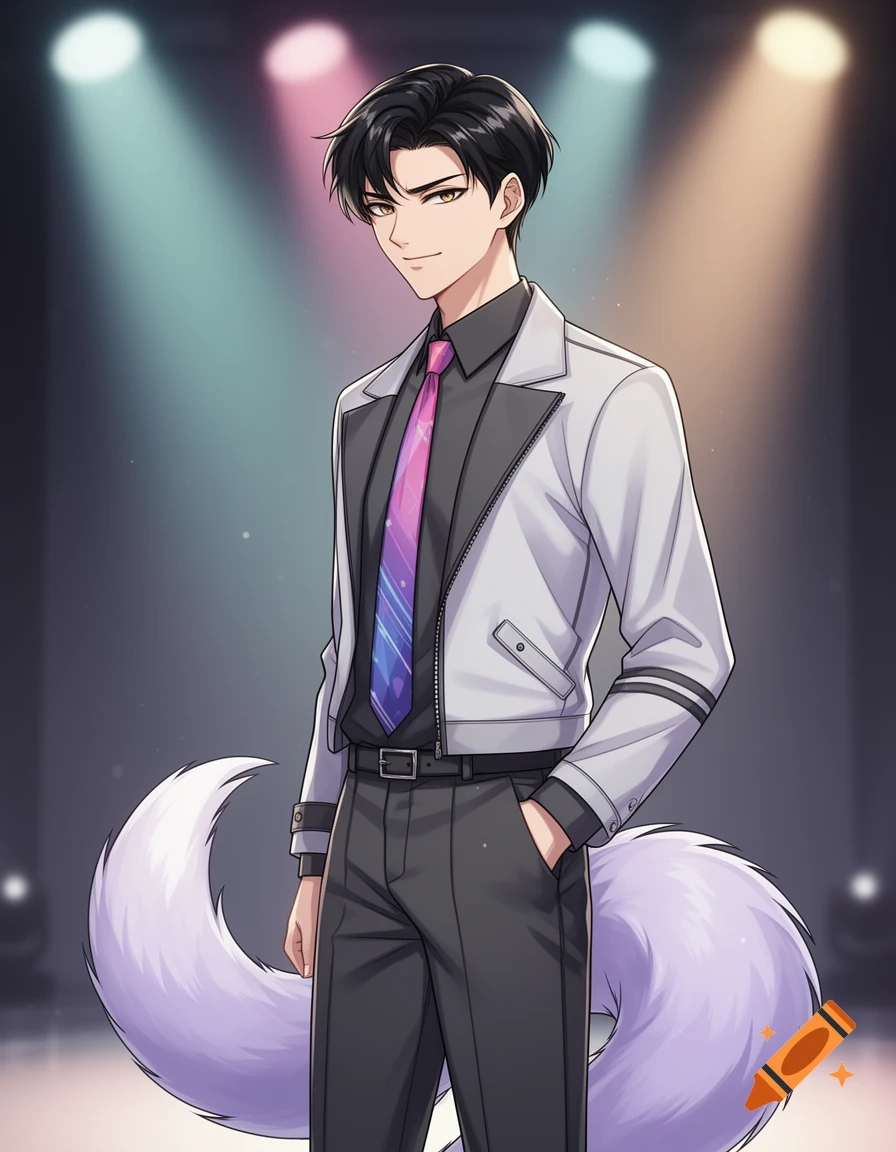 An anime-style male character with black hair and a purple fox tail wears a white jacket and a pink and blue tie on a lit stage.