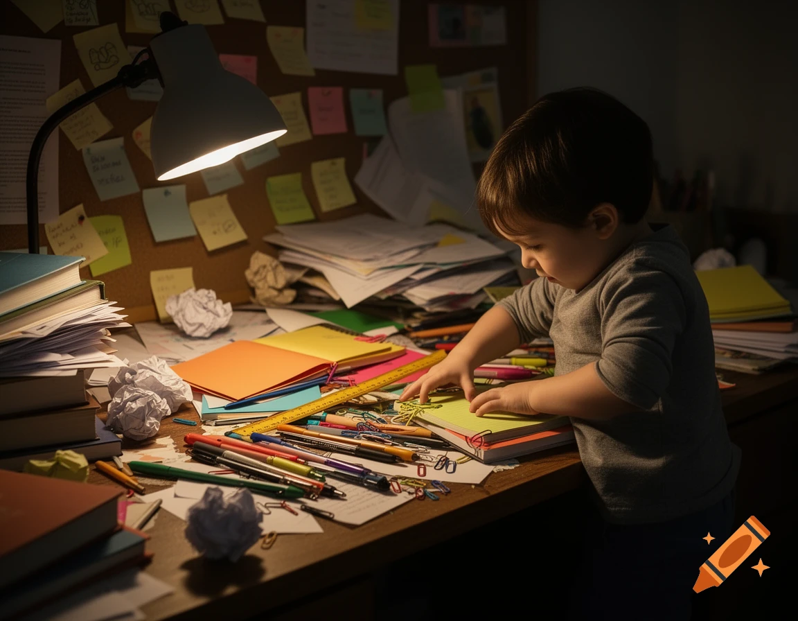 A young child leans over a cluttered desk overflowing with stationery, books, and crumpled papers, lit by a desk lamp.
