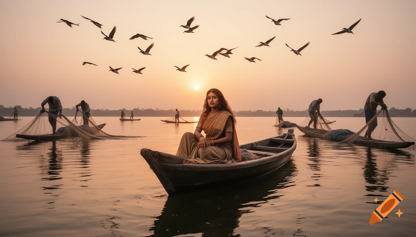 An Indian woman in traditional attire sits in a boat on a river at sunrise, surrounded by fishermen and flying birds. Photorealistic.