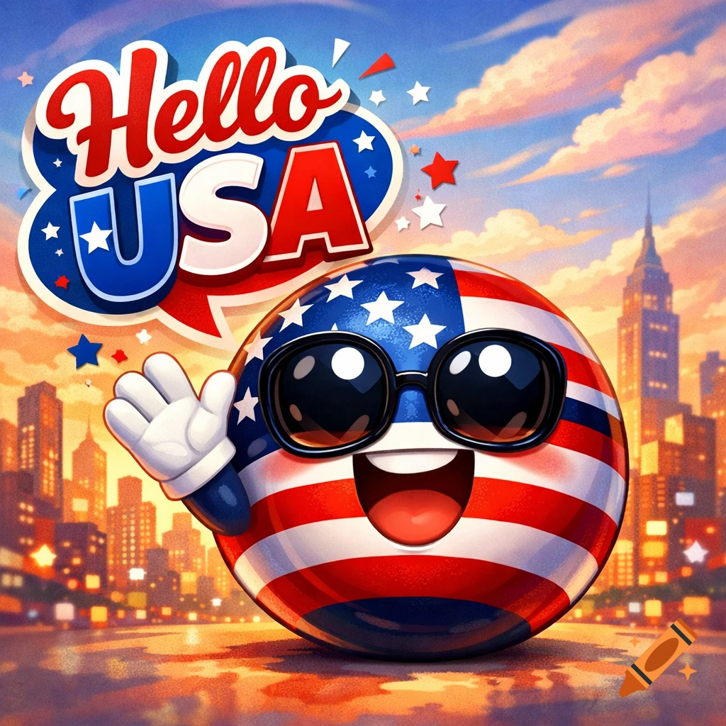 A smiling USA flag character wearing sunglasses, waving, with a 'Hello USA' speech bubble in a vibrant cityscape at sunset, cartoon style.