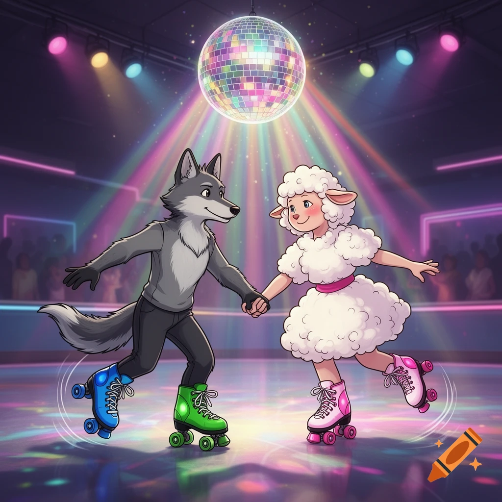 A cartoon anthropomorphic wolf and sheep roller skate hand-in-hand under a disco ball in a neon-lit rink.