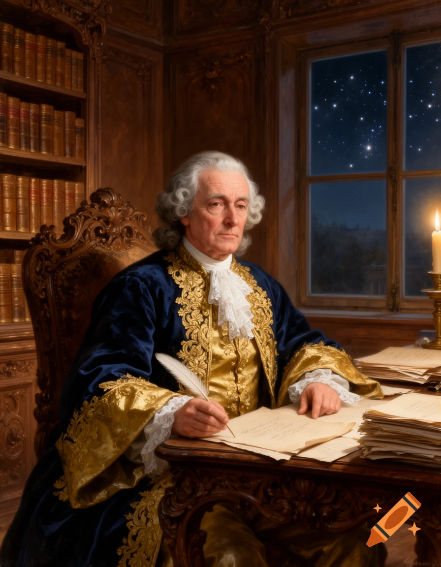 A classical portrait painting of an older man in elaborate blue and gold attire, writing at a desk by a window revealing a starry night.