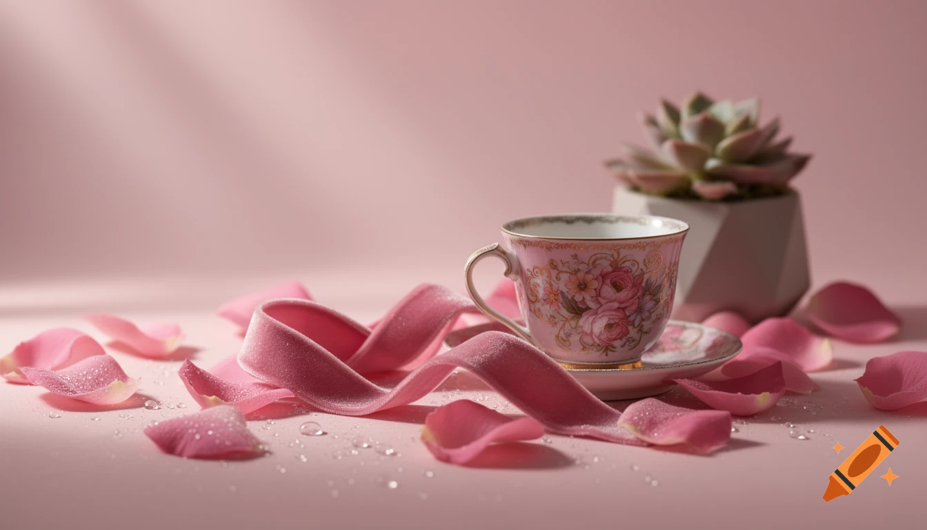 Pink floral teacup with scattered rose petals, a velvet ribbon, and a succulent against a soft pink background.