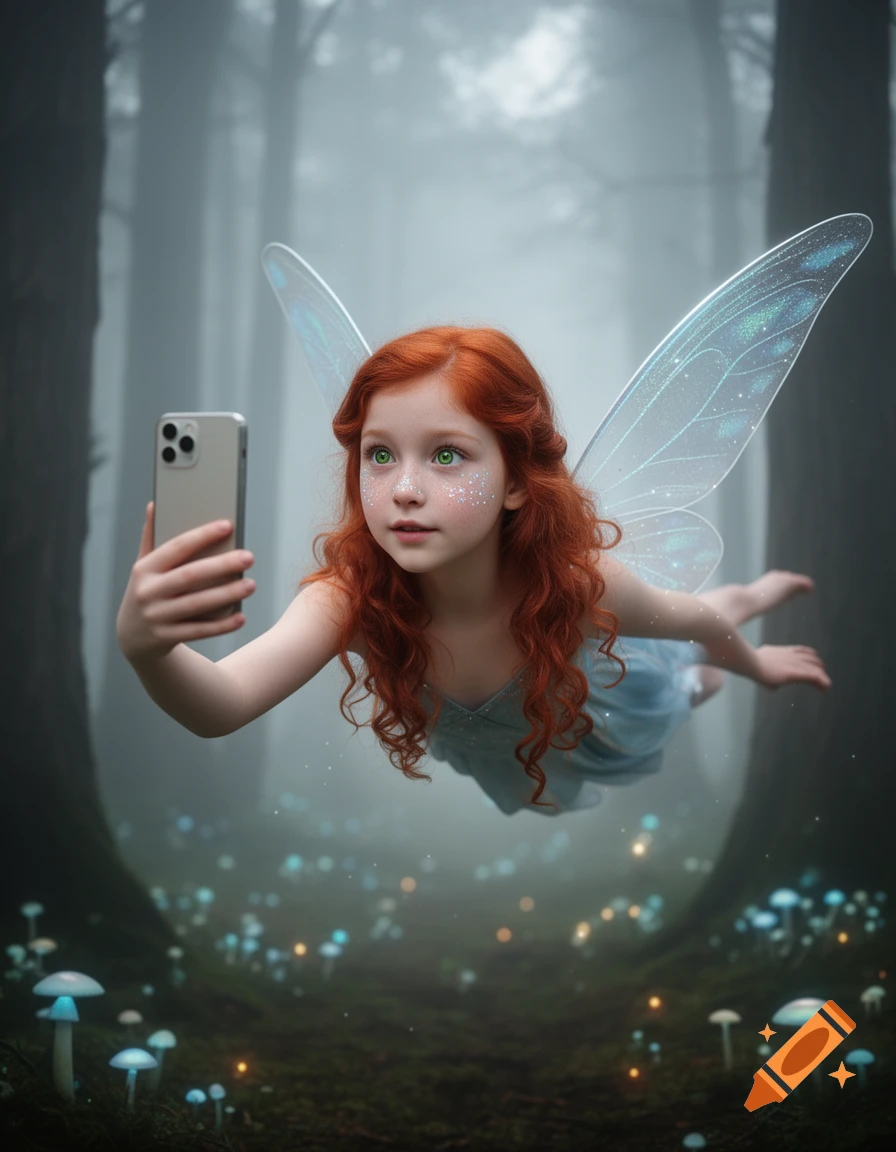 A young red-haired fairy with green eyes and sparkly cheeks flies in a foggy forest, taking a selfie amidst glowing mushrooms.